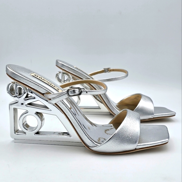 Badgley Mischka Luna Mule With Sculptural Wedge, Silver "LOVE" Heels, Like New! - Picture 1 of 16